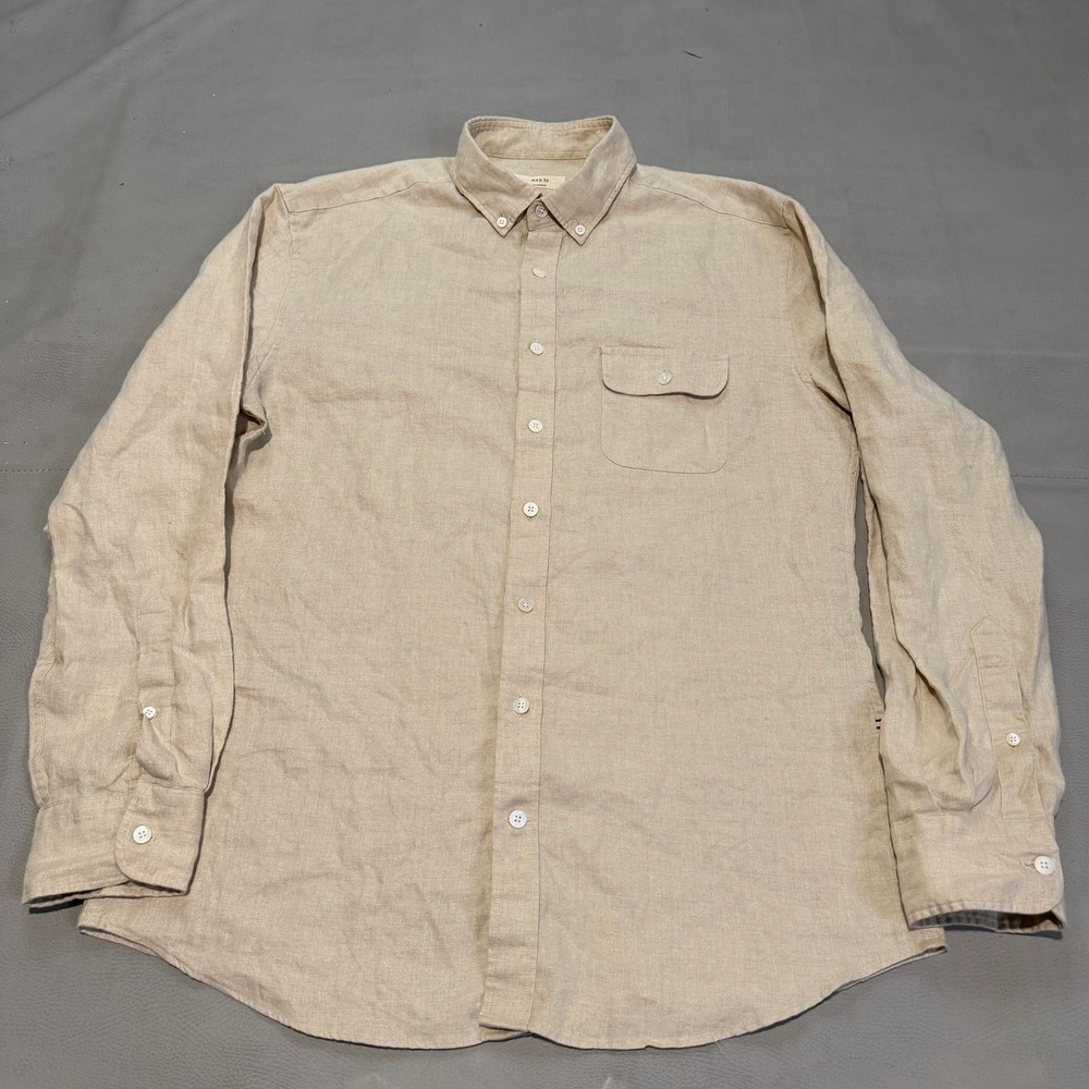 Rye 51 Men Tan Beige 100% Pure Linen Button Down Shirt Old Money Minimal-M-7117